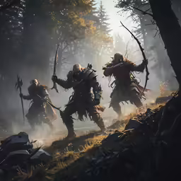 the elder hunters run through a misty forest