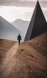 man walking in the countryside towards two pyramids