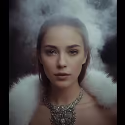 a woman in white is wearing a large necklace