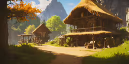 the cabin on a hill is shown with some grass,several wooden houses on a field near a forest