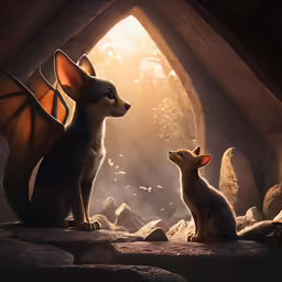 a mouse sitting next to a little dog in a cave