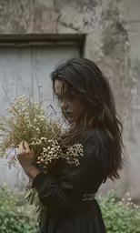 a woman is holding out a bushy plant with her hands