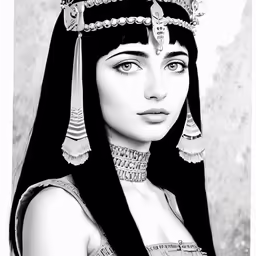 a black and white drawing of a woman wearing a headdress