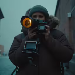 someone with a hood and camera on is taking a picture