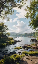 an open area with rocks and water and grass