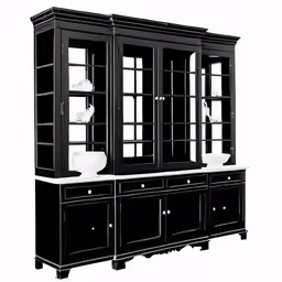 a black china cabinet with white glass doors