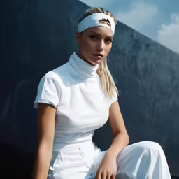 a beautiful young blond sitting in a white outfit