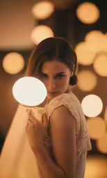 a woman in lace shirt holding up a light bulb