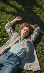 a woman laying on the grass while wearing a plaid jacket