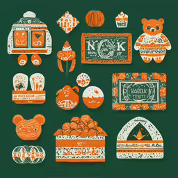 various design items are displayed against a green background,a black and white picture of a bunch of orange designs