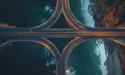 three way traffic intersection at night from a high up