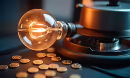 a lit light bulb and many pennies sitting on top of a table