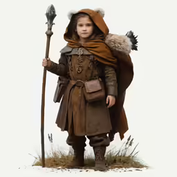 a little boy wearing a brown outfit with fur on his hat