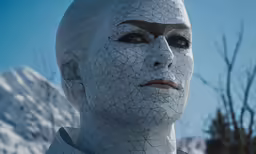 a person with white face and white paint wearing silver face paint