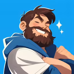 a cartoon of a man wearing blue with white and his arm around him