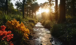 a stream flowing through a forest next to colorful flowers