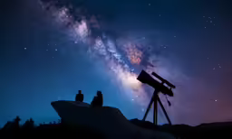 silhouettes of two people in the foreground are looking at an astronomical object in the sky