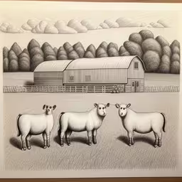 a drawing depicting sheep and barn by itself