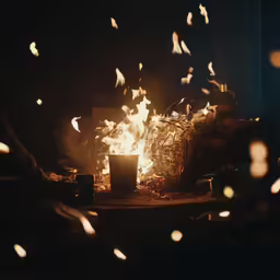 a fire burning inside of a dark room
