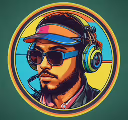 a man wearing headphones and sunglasses,an illustrated man in a blue hat and headphones