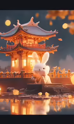 two white rabbits sitting in front of a building with lanterns