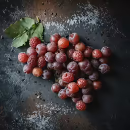 a couple of bunches of red grapes and some leaves