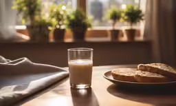 bread and milk sitting on the table