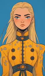 a girl with long blond hair and blue eyes is wearing yellow clothes