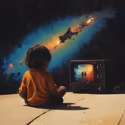 a little child looking at a television set sitting in front of a small tv