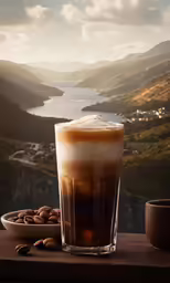an iced drink on a table with nuts in the foreground