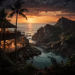 a sunset view over the ocean with palm trees