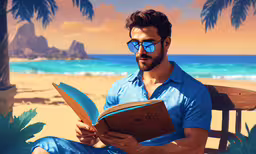 the man is sitting on the bench reading the book,a man with blue sunglasses reading on a beach chair