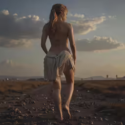 a woman walks on a road at sunset