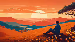 a painting of a man sitting in the middle of a field looking into the distance,a man sitting on top of a hill
