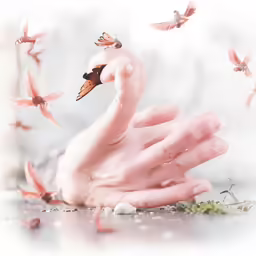 a swan in a hand and some birds