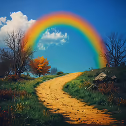 a colorful rainbow setting behind a dirt road