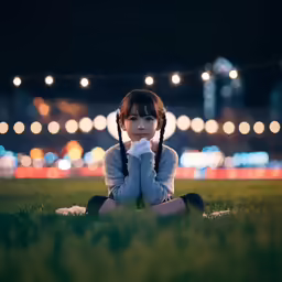 young girl sitting on the grass in front of bright lights