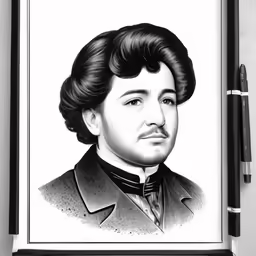 an old drawing of a man with black hair and a mustache