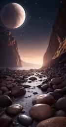 a rocky beach on the rocks below a large moon