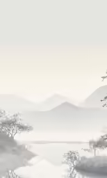a mountain lake with trees in the foreground and fog in the background