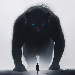 a large black animal stands over a person with blue eyes