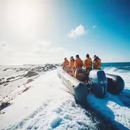 some men in orange jackets riding a boat on some snow