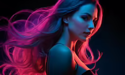 an attractive woman with colorful hair on dark background