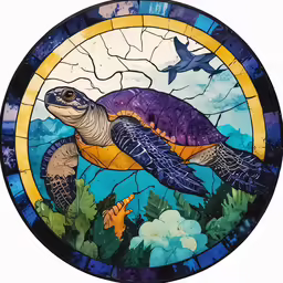 a stained glass turtle is featured on the side of the wall