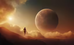 there is a man standing on a hill watching the moon