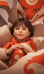 a little girl with large head is posing in front of two plush animals