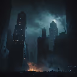 an old dark city is lit up by fire