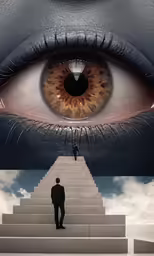 a split image of the eye and stair leading up to a persons eye