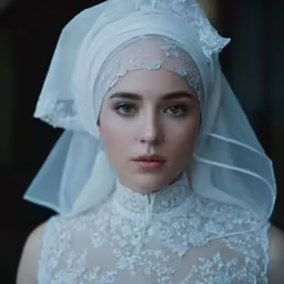 young beautiful woman wearing white veil and dress, close up