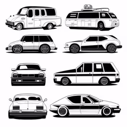 a poster depicting the evolution of cars from back to back,nine types of vehicles are in different positions,various cars silhouetted against the white background,different types of cars and vans are shown,various types of car in silhouettes on a white background